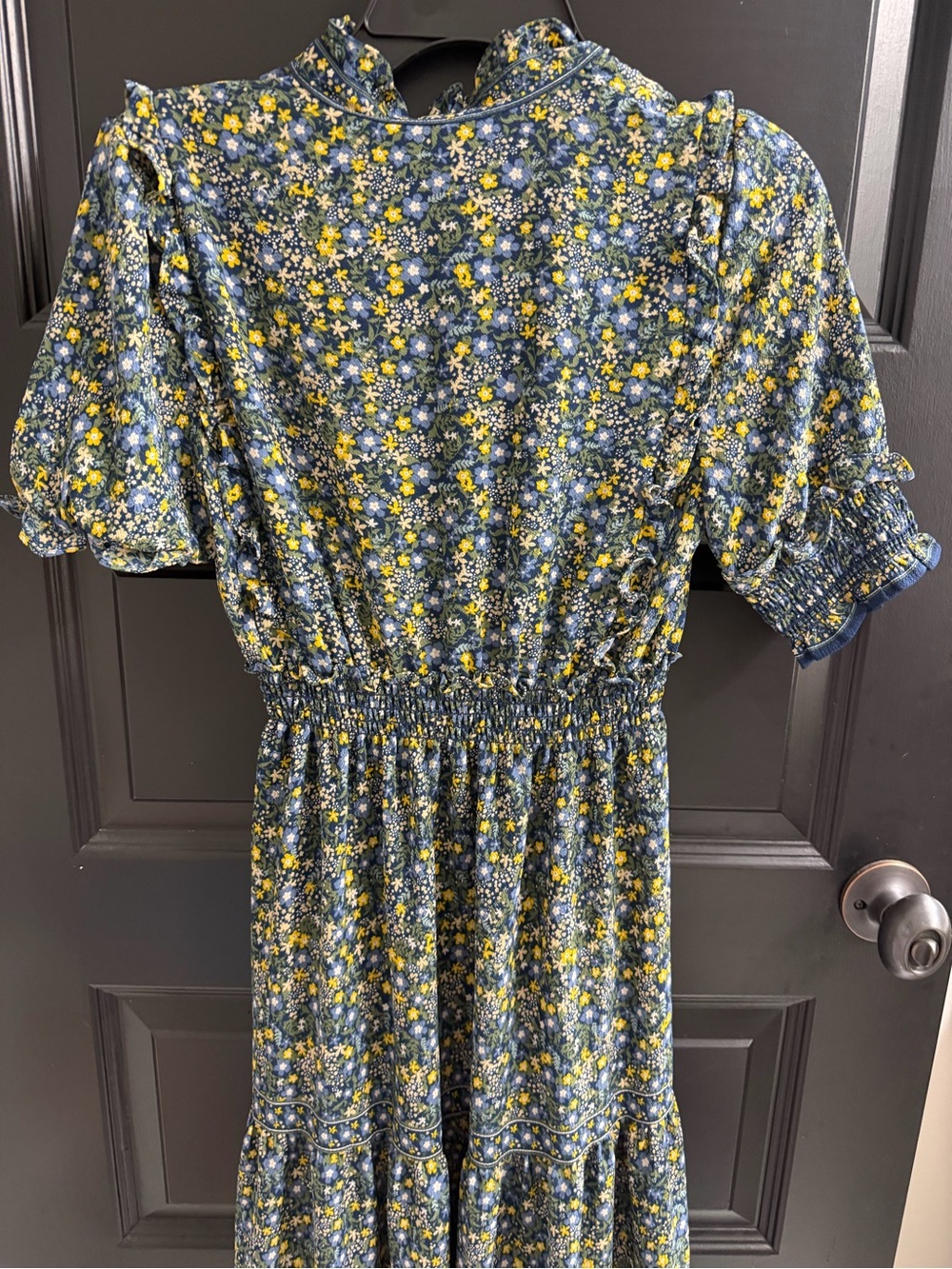Max Studio Floral Smocked Midi Maxi Dress XS Blue Yellow Puff Sleeve - Picture 8 of 12